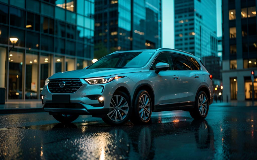 Silver-blue SUV on a downtown street at dusk