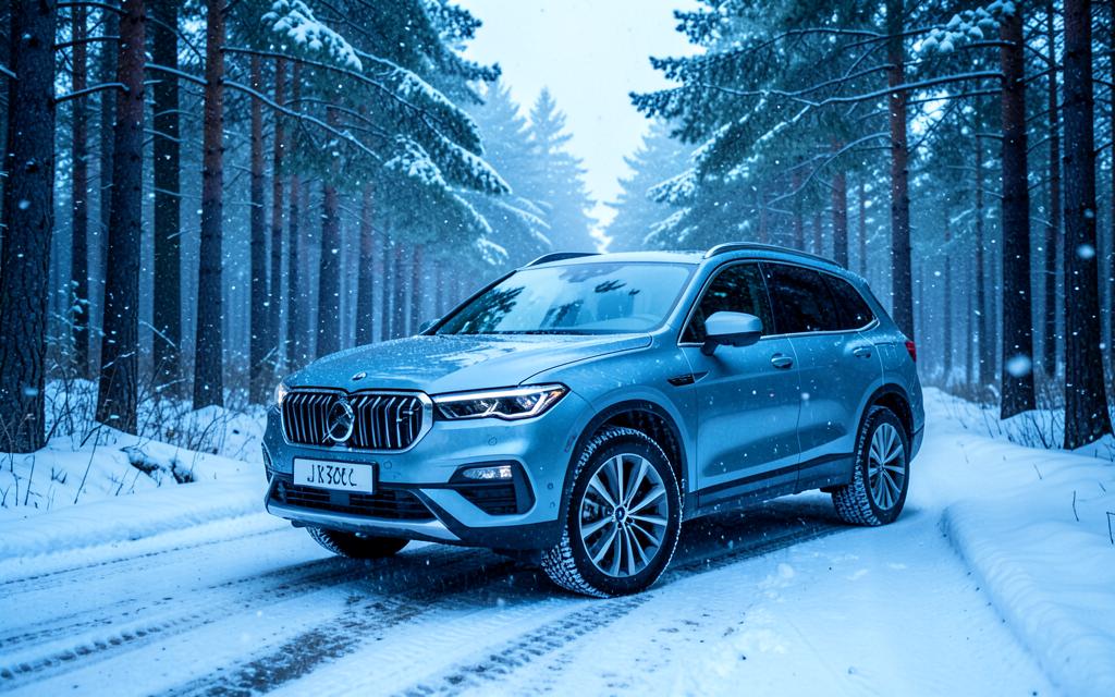 The same SUV on a snow-covered forest road